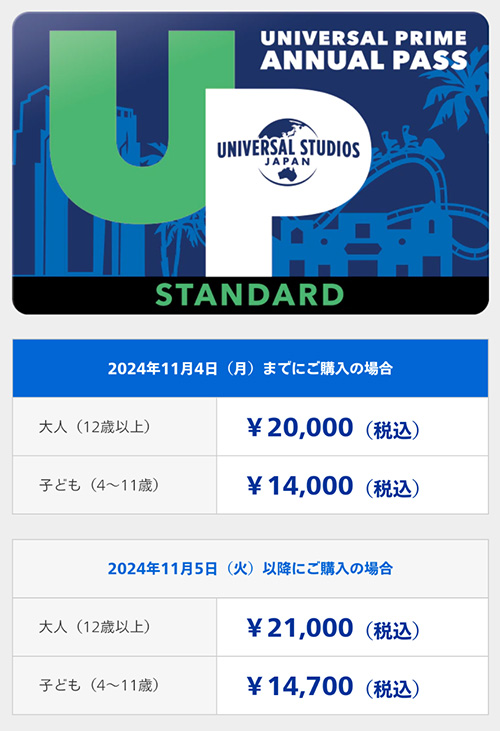 年間パススタンダード2024年11月4日購入分より値上げ